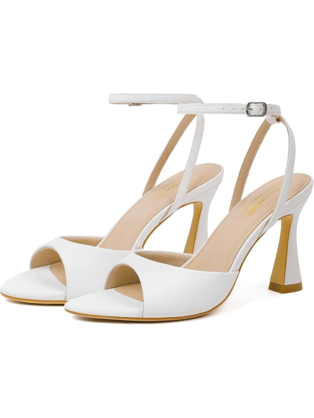 Women's White Pointed Open Toe Strappy Chunky Block Stiletto High Heels Shoes